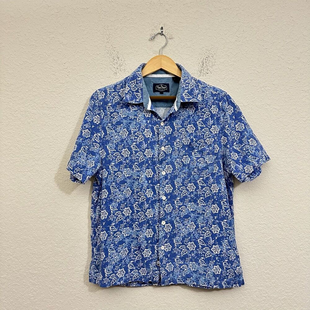 NAT NAST Luxury Originals Silk Hawaiian S/S Shirt Mens Faded Blue Floral